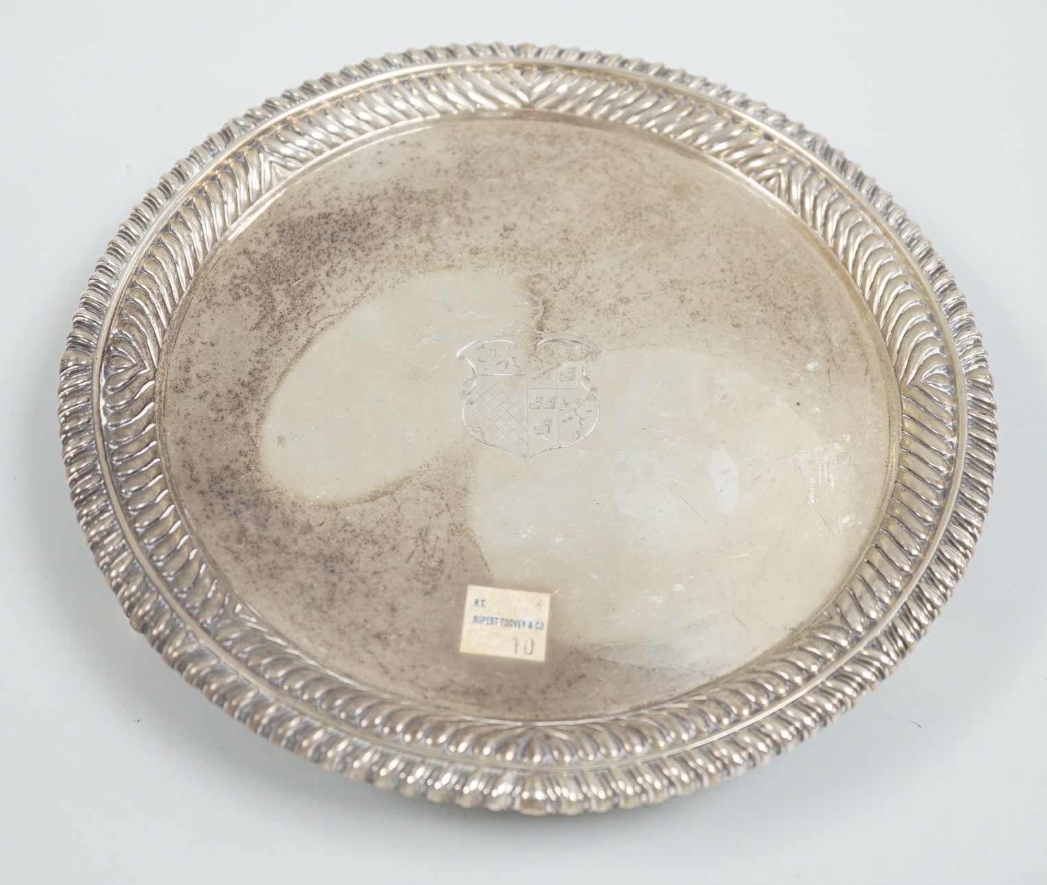 A George III silver circular salver, with gadrooned border, Richard Sibley I, London, 1814, 21.5cm, 16.4oz.